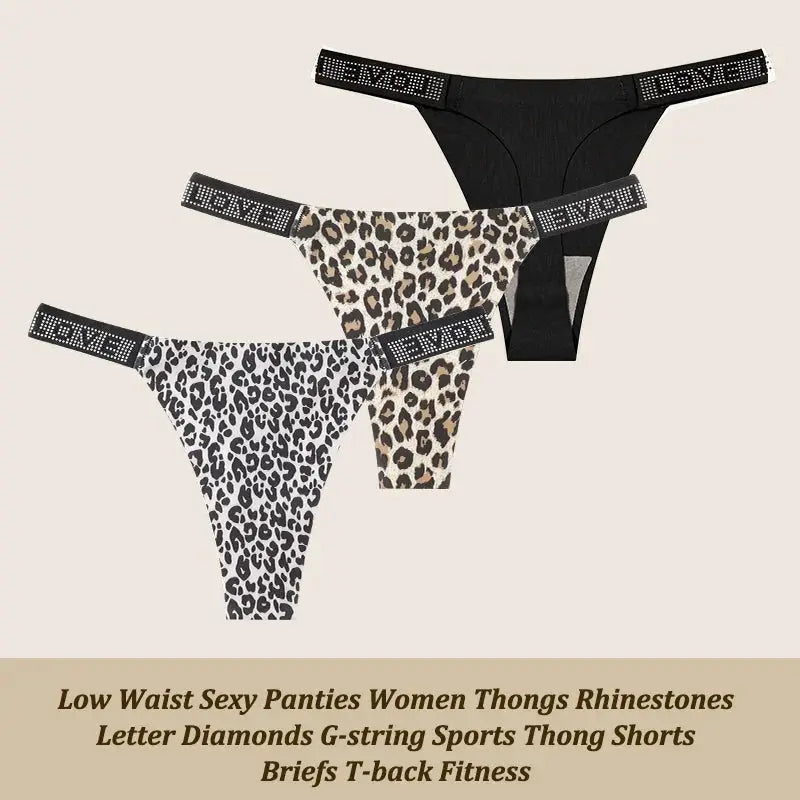 Three-piece low-waist thong set in leopard print and black with rhinestone waistband by Simples Market
