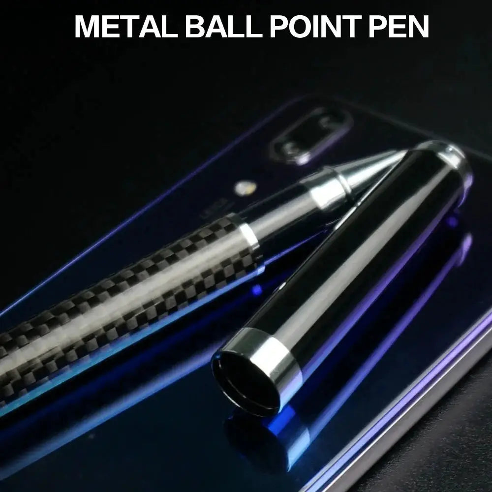 Carbon fiber textured metal ballpoint pen with chrome accents, 0.5mm micro point, black ink