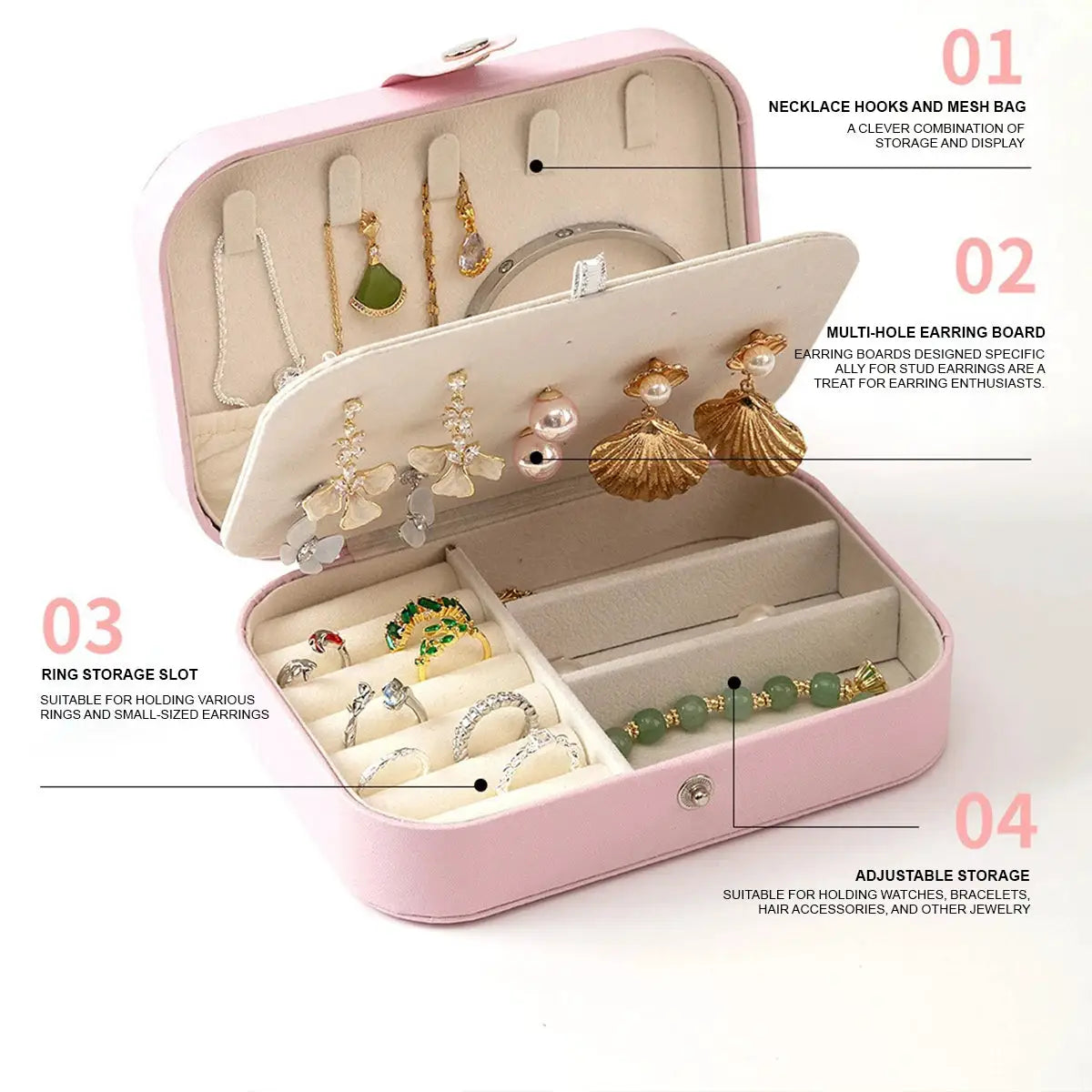 Portable MultiCompartment Jewelry Box With Velvet Lining Pink Travel Friendly Jewelry Organizer For Accessories