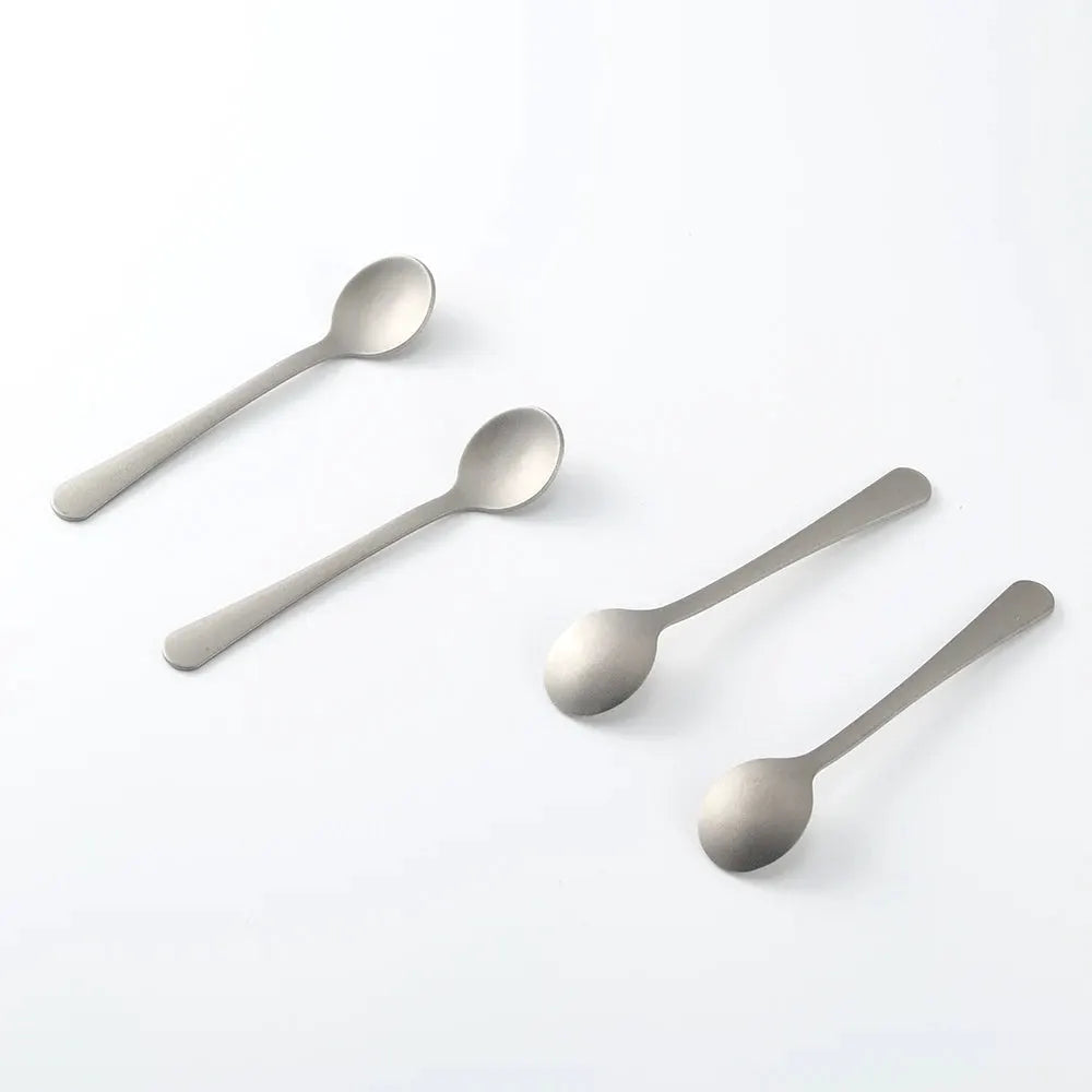 Mini titanium alloy dessert spoons set of 4 for camping and coffee, Simples Market, silver.