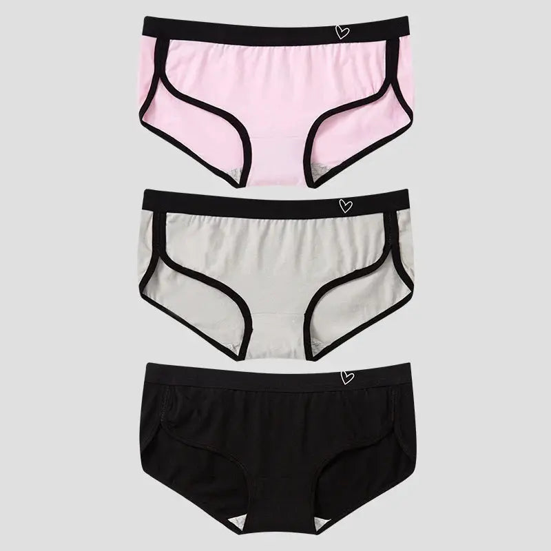 BANNIROU women's 3-pack briefs: cotton, low-rise underwear in pink, gray, and black.