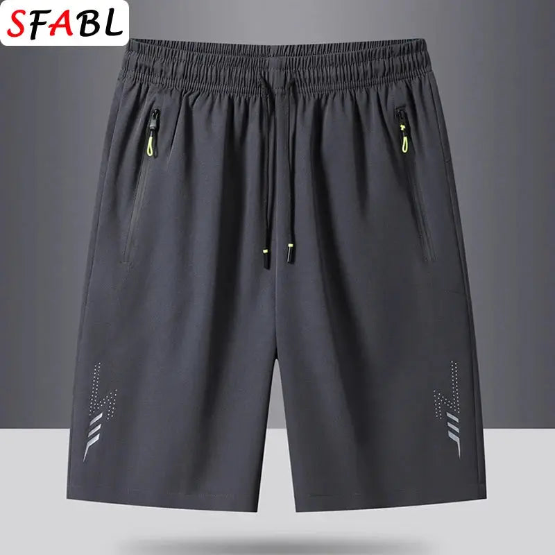Men's sports shorts, dark gray with zip pockets, neon zipper pulls and drawstring, SFABL.