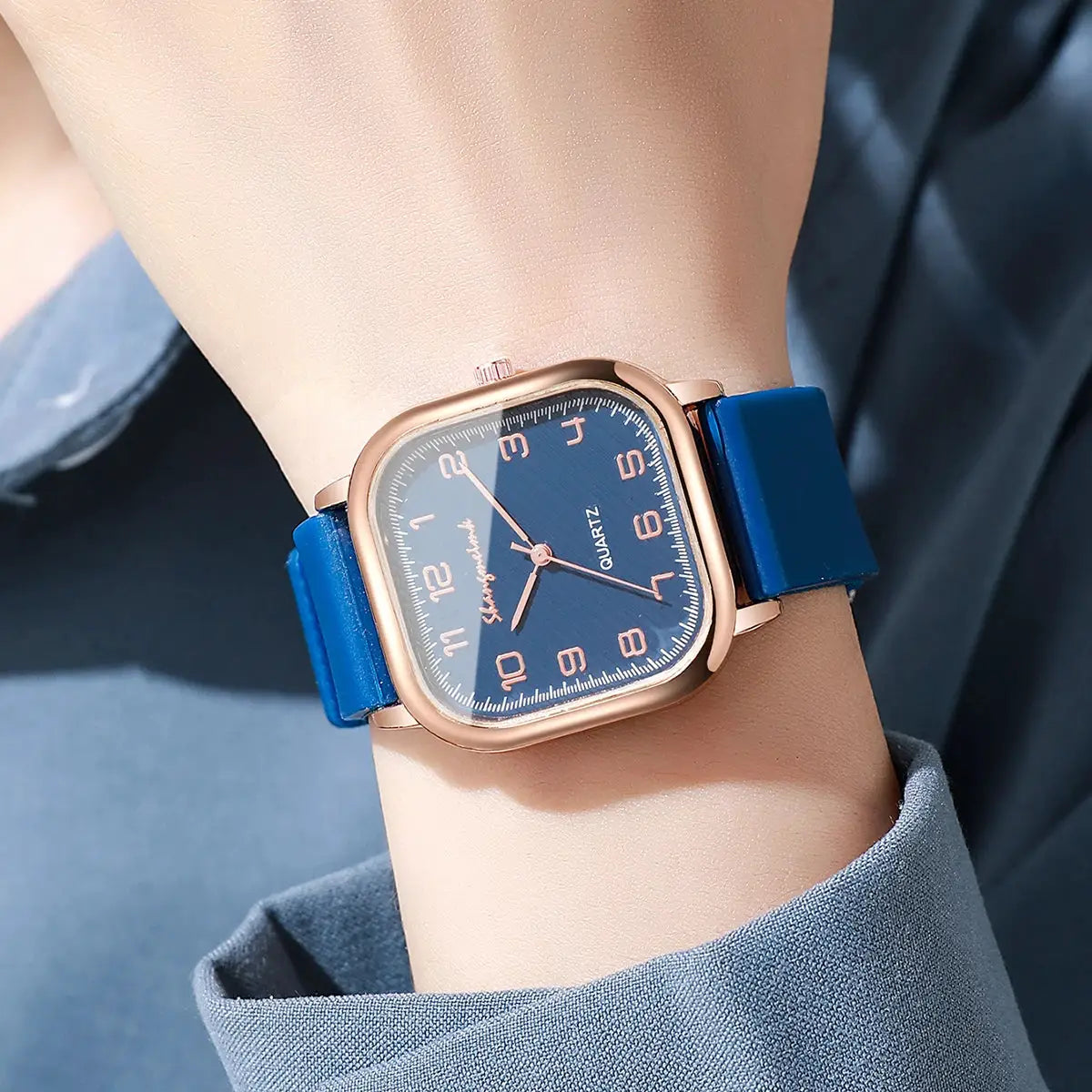 Simples Market square women's quartz watch with blue silicone strap and rose-gold case, stylish blue dial