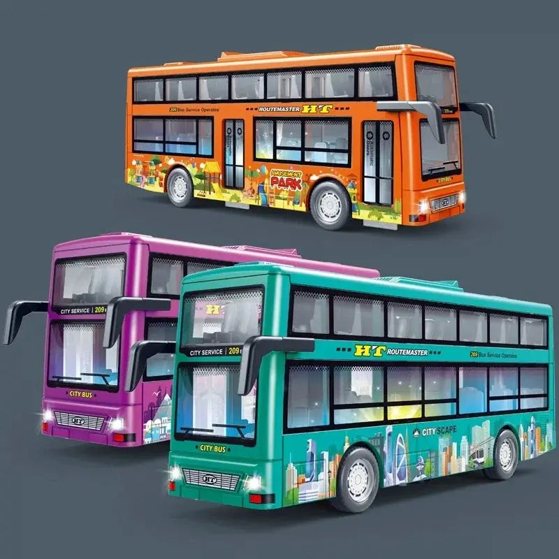 Double Decker Sightseeing Bus Model Die Cast Pull Back Toy Open Doors with Light Music for Boys