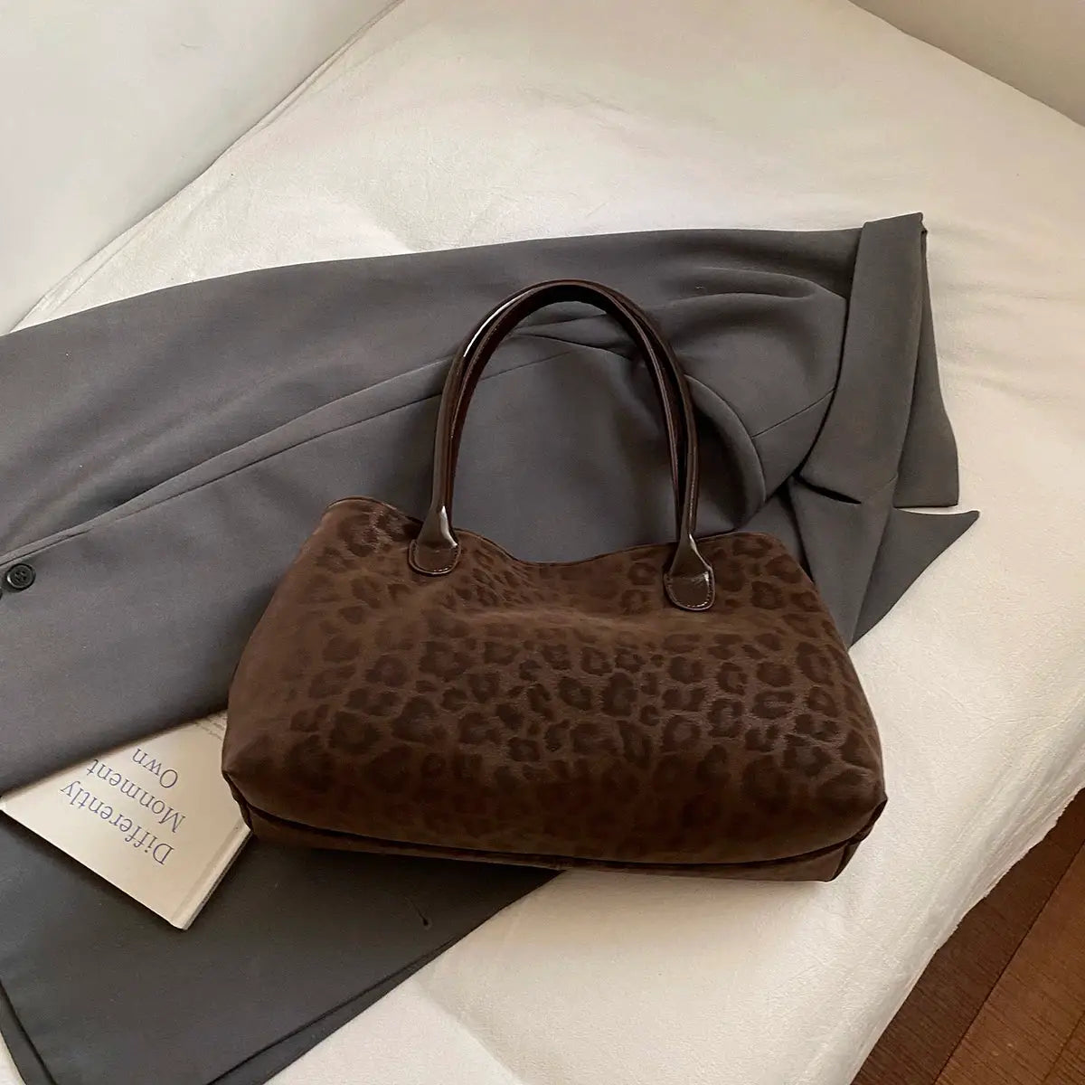 Leopard print PU leather tote bag by Simples Market with short brown handles