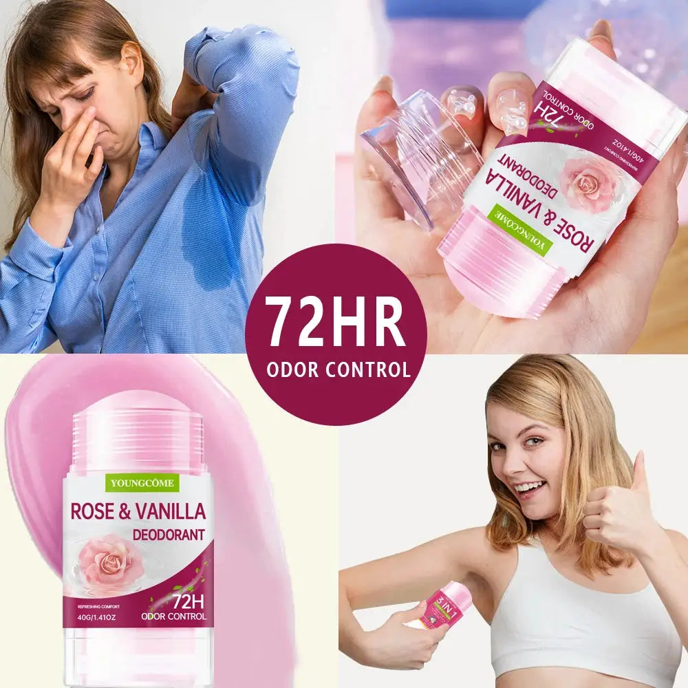 Deodorant stick Rose & Vanilla by YoungCOME, pink container, 72H odor control; four-panel collage.