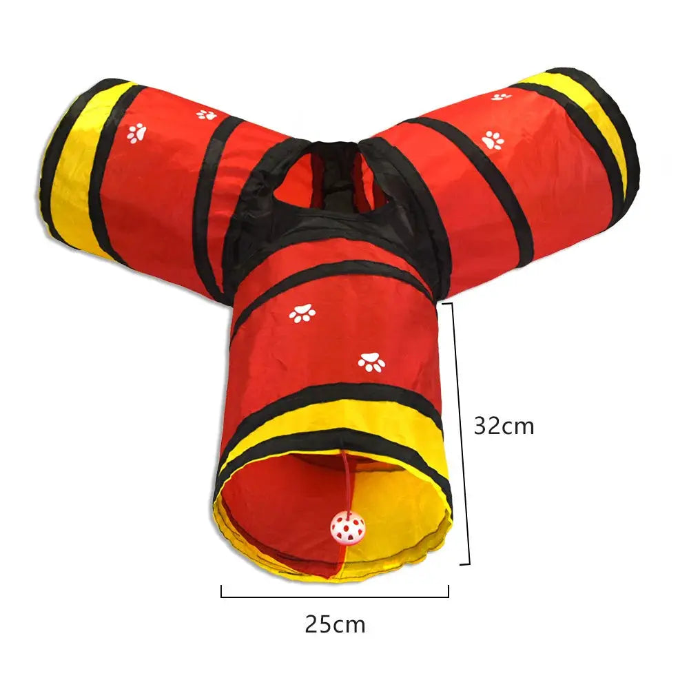 Cat tunnel toy by Simples Market; red with yellow and black trim, foldable indoor cat play tunnel with ball