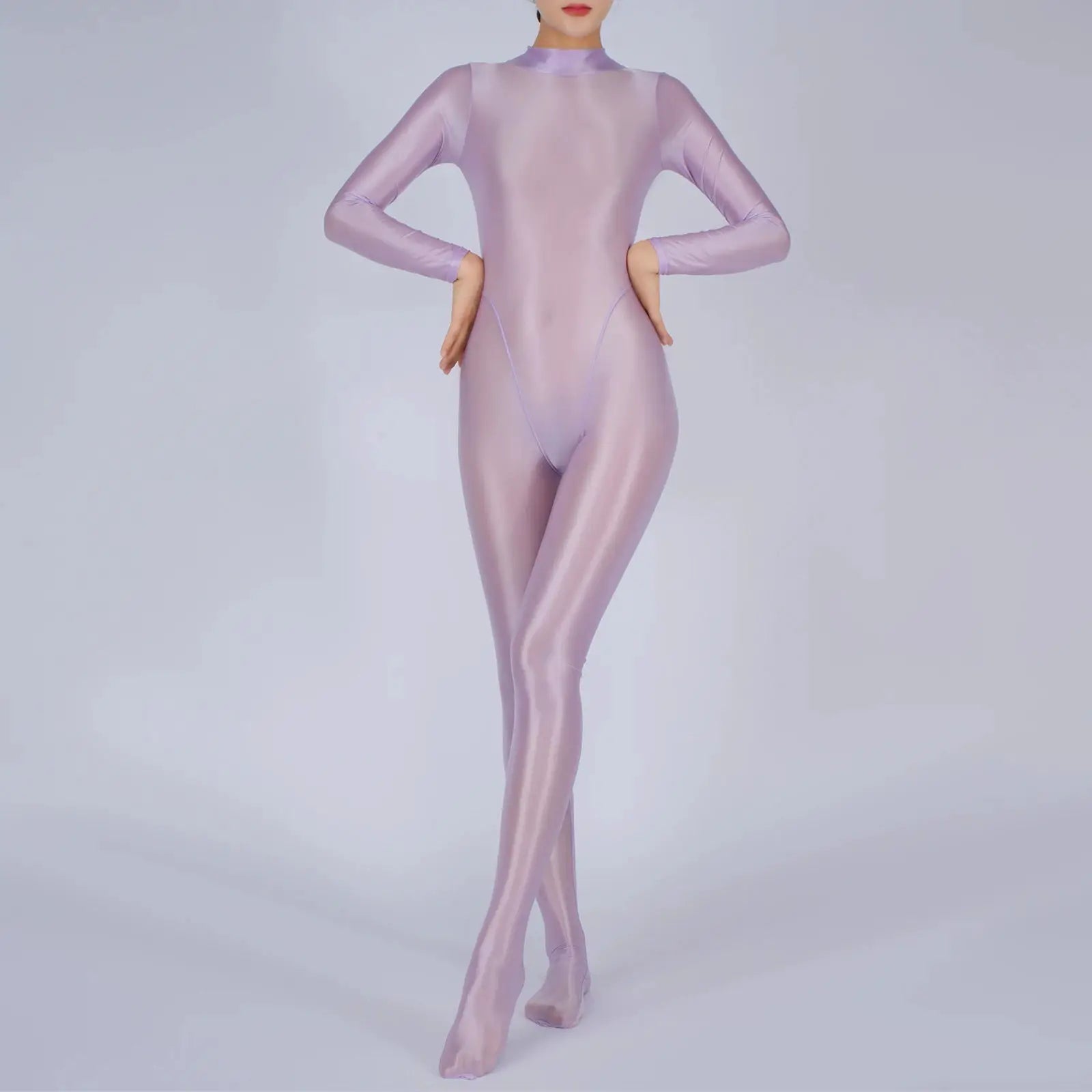 Women full-body jumpsuit by Simples Market in lavender shiny fabric with long sleeves and footed design