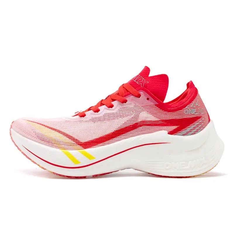 ONEMIX running shoe, white mesh upper with red accents and laces, red heel, and a yellow stripe on the white midsole.