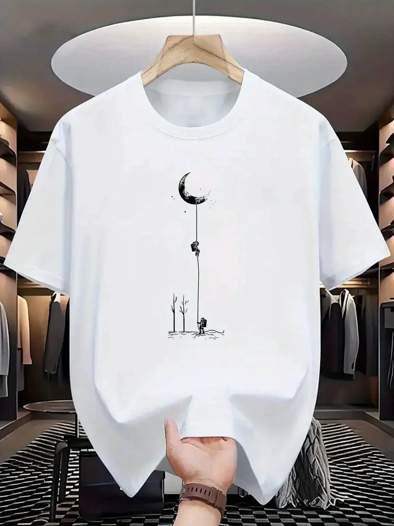 Summer Men's 100 Percent Cotton Casual Loose Fit Plus Size Moon Landing Pattern T Shirt Round Neck Short Sleeve