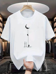 Summer Men's 100 Percent Cotton Casual Loose Fit Plus Size Moon Landing Pattern T Shirt Round Neck Short Sleeve