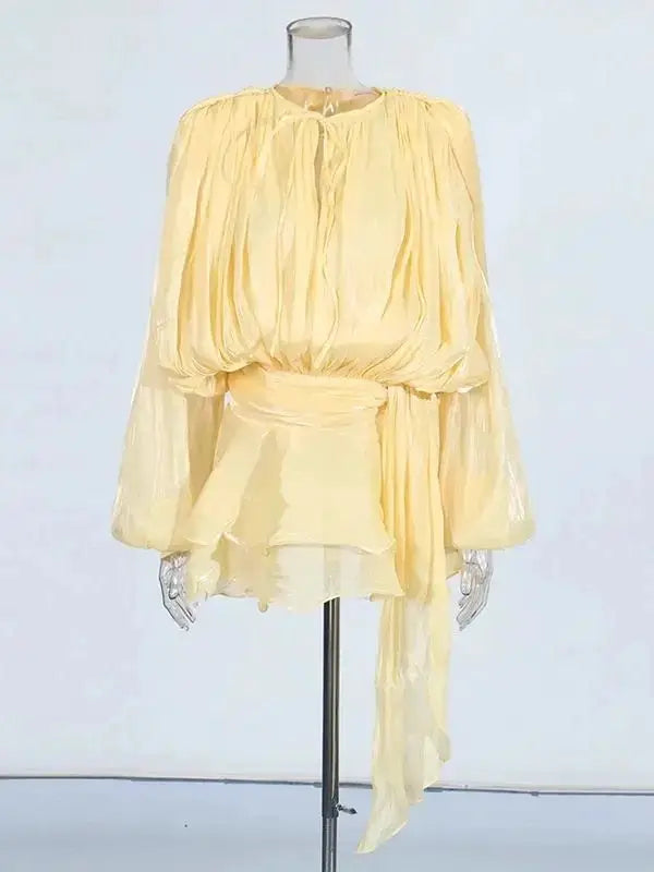 Twotwinstyle Solid Blouse Mini Dress For Women V Neck Long Sleeve Lace