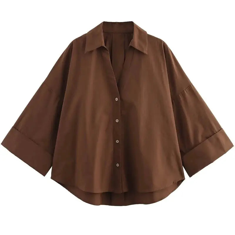 HXAO women's oversized brown button-down shirt with wide cuffed sleeves and curved hem