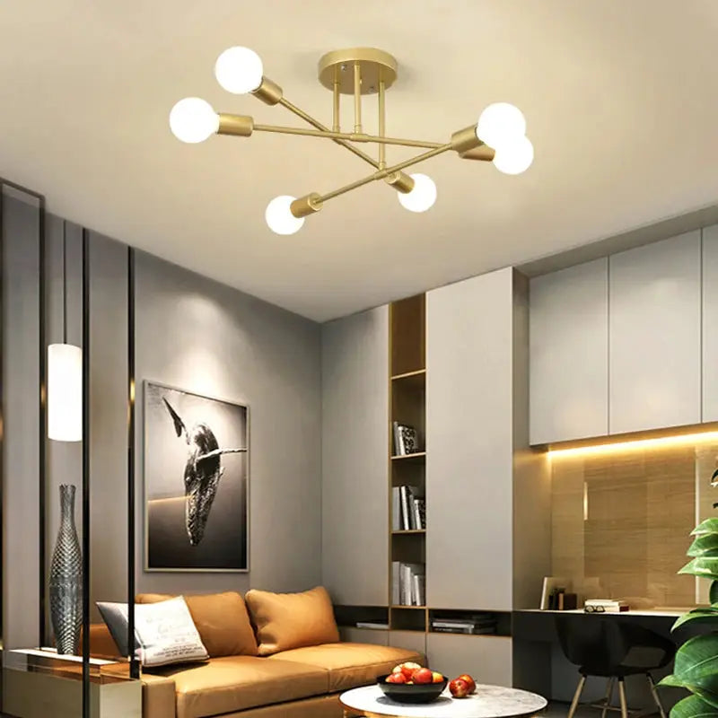 Retro industrial 6-head LED ceiling lamp in brass finish for modern living room