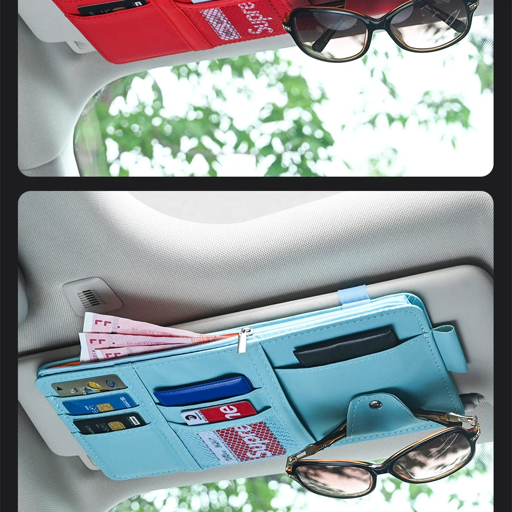 Car sun visor organizer in turquoise with sunglasses clip, card slots and cash pocket.