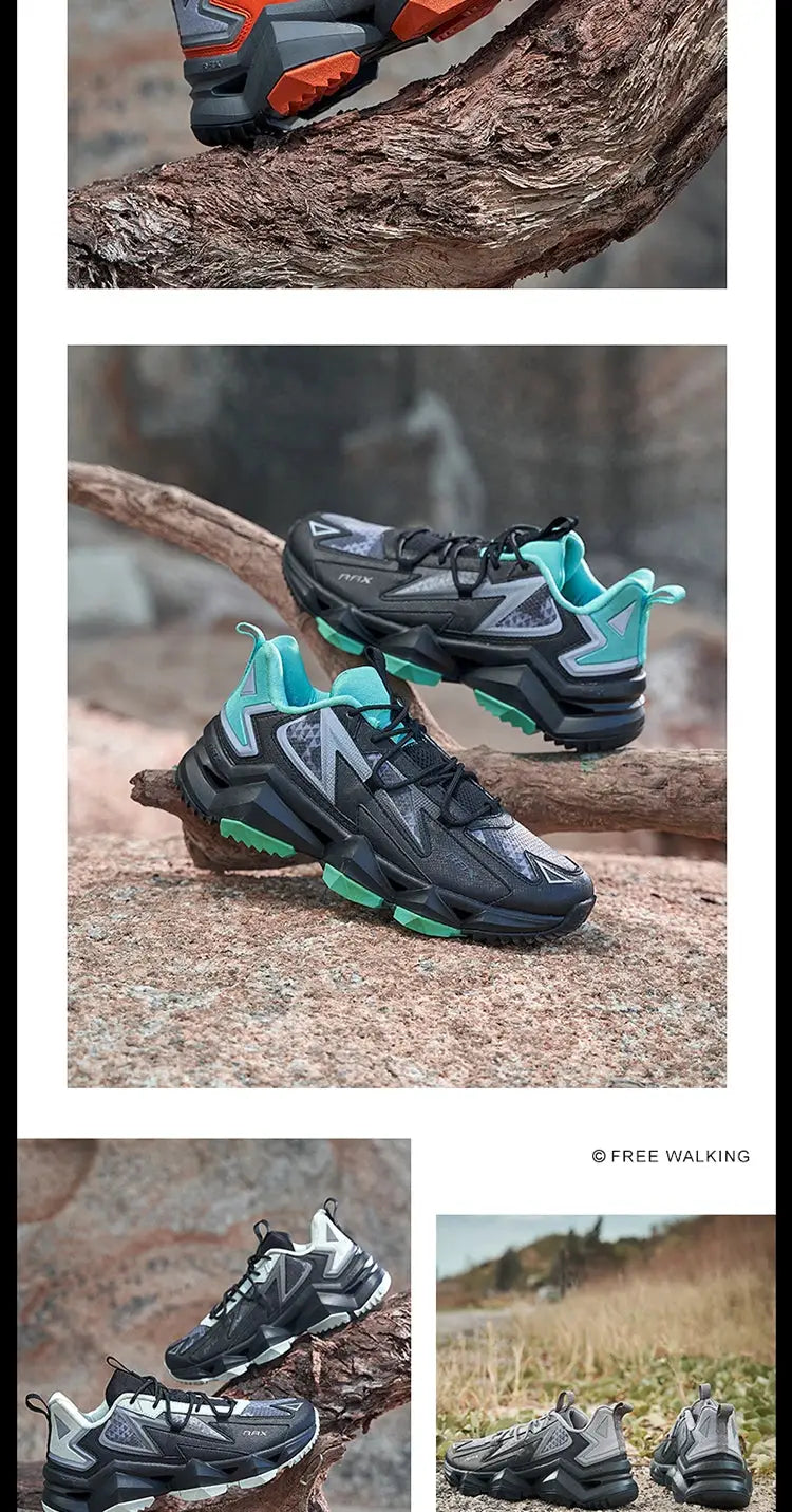 Rax men's waterproof hiking shoes, black/gray with teal accents, multiple pairs shown.
