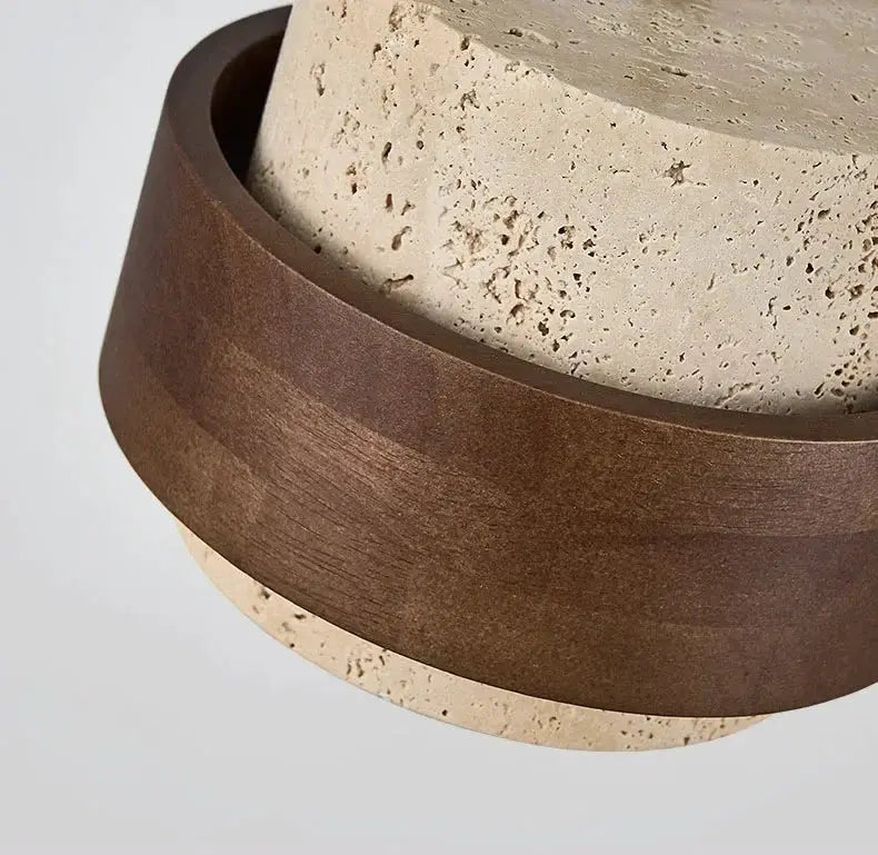 Japanese Wabi Sabi style bar pendant lamp with beige textured concrete core and dark brown wooden ring