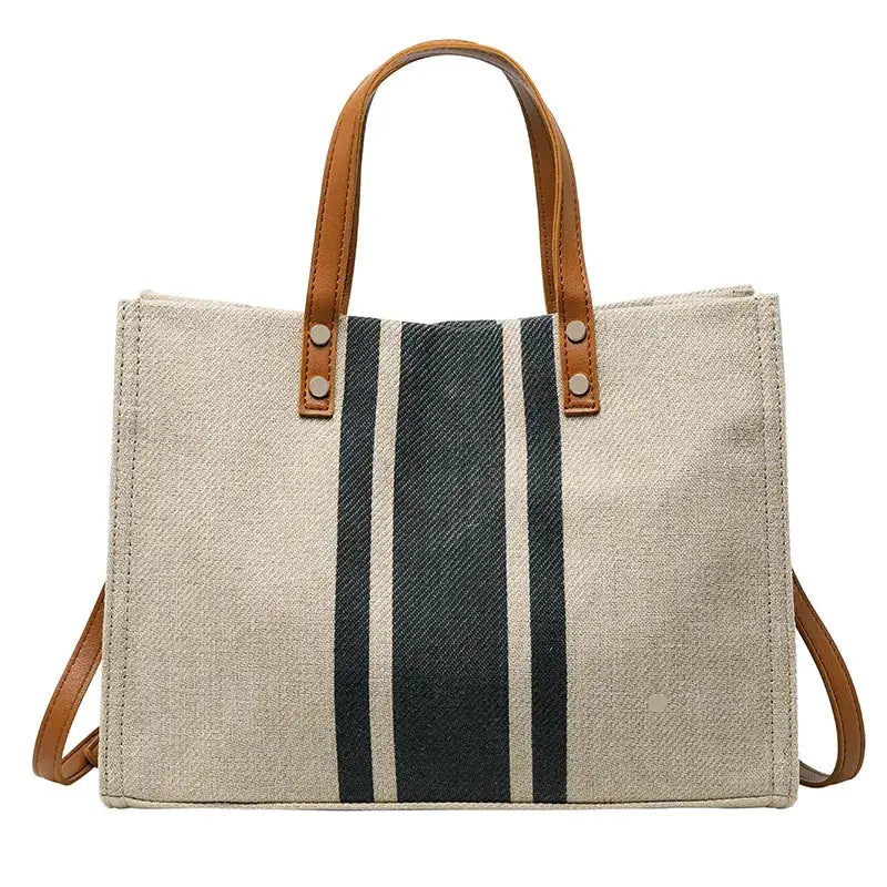 Canvas stripe tote bag Simples Market, beige canvas with dark vertical stripe and tan top-handle straps