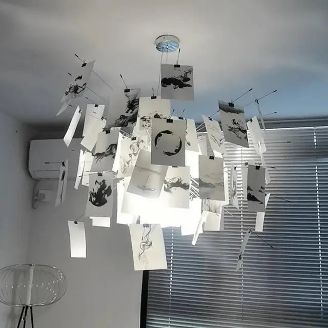 Simples Market Ingo Maurer style paper chandelier replica; cascading white cards with black ink art design