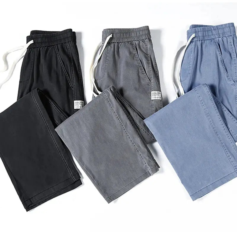 Simples Market men's casual lyocell trousers set of five in black, gray, charcoal, light gray, blue with drawstring waist