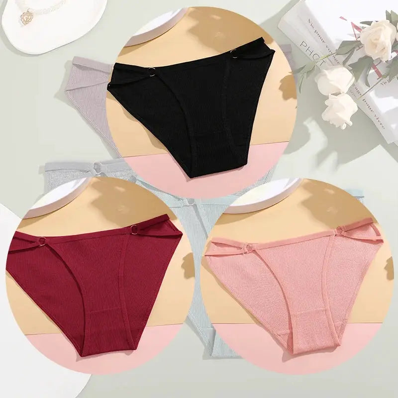 Simples Market 4-piece women's cotton briefs set in black, burgundy, pink, and lavender-gray