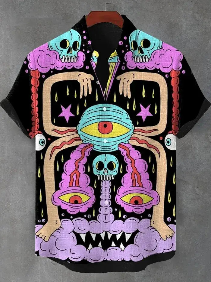 Simples Market men's cat-graphic button-down Hawaiian shirt; short-sleeve with bold surreal print on black.