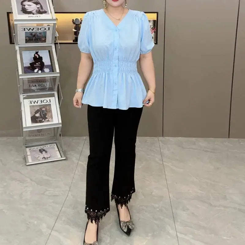 Plus Size Elastic Waist V Neck Puff Sleeve Blouse For Summer