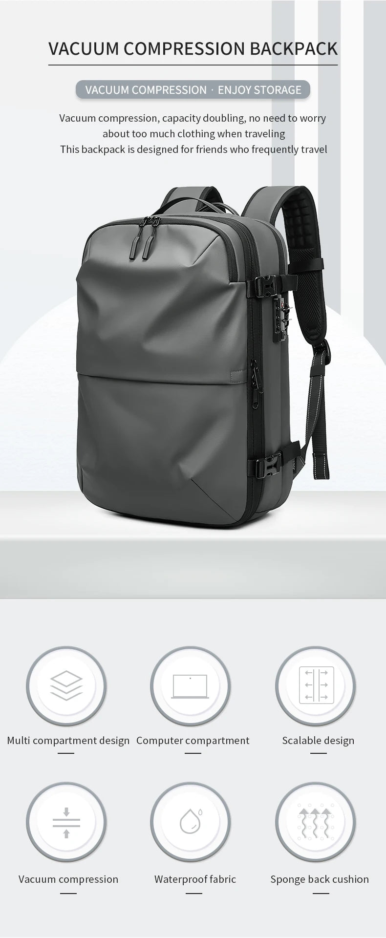 Gray vacuum-compression travel backpack for men with multiple compartments and side buckles