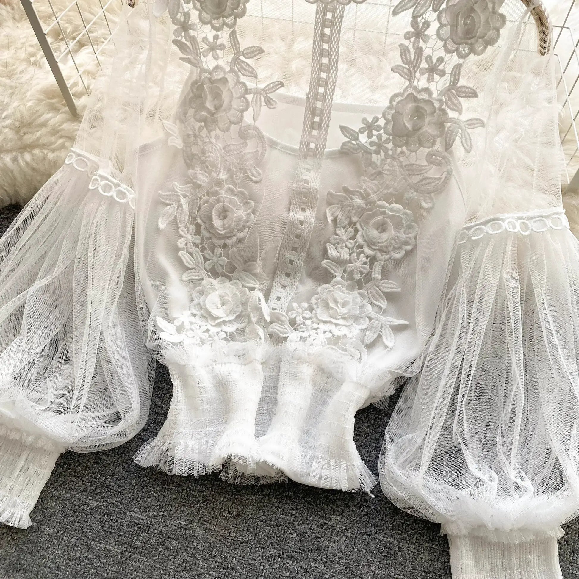 Lace puff long-sleeve blouse in white with floral embroidery and sheer overlay