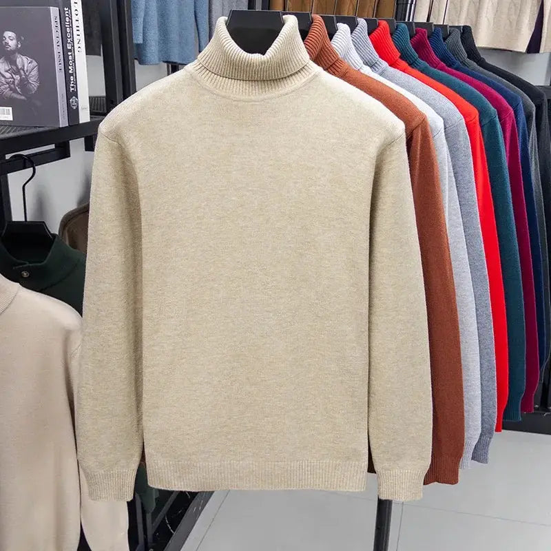 Simples Market men's beige knitted turtleneck sweater, slim fit long sleeve pullover