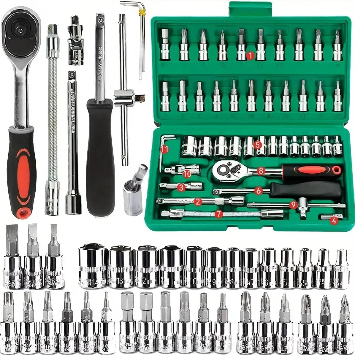 46 Piece Family Tools One Quarter Inch Drive Mechanic Tool Kit For Auto Repair With Sockets And Ratchet Wrench