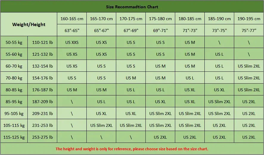 KEFITEVD men's winter jacket size chart showing weight and height to size mappings.