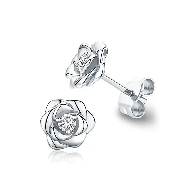 Huitan Eternity Love Heart Stud Earrings, silver-tone copper alloy with clear cubic zirconia, pair