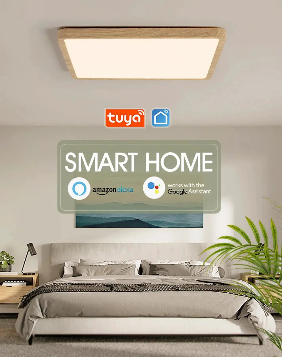 MARPOU wood-grain square LED ceiling lamp with Tuya app and Alexa/Google voice control