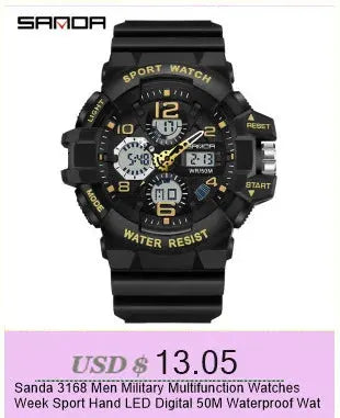 SANDA 6186 sport watch with black silicone strap, yellow accents, water resistant