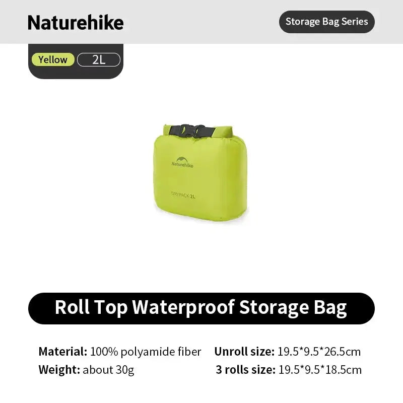 Roll-Top Waterproof Storage Bag by Naturehike, yellow 2L capacity, 100% polyamide fiber, portable organizer