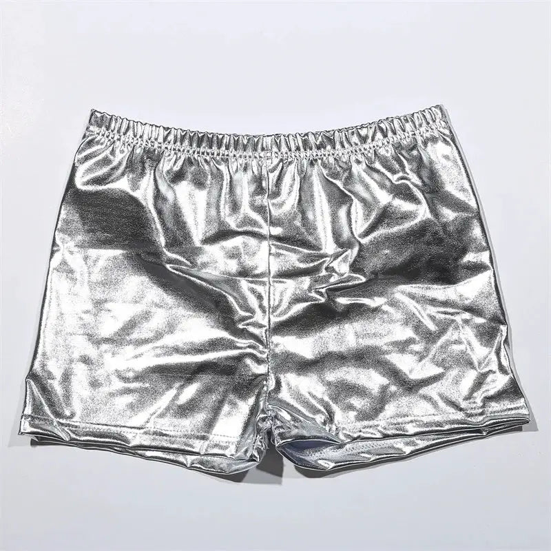 Women’s silver metallic PU yoga shorts, mid-waist booty style