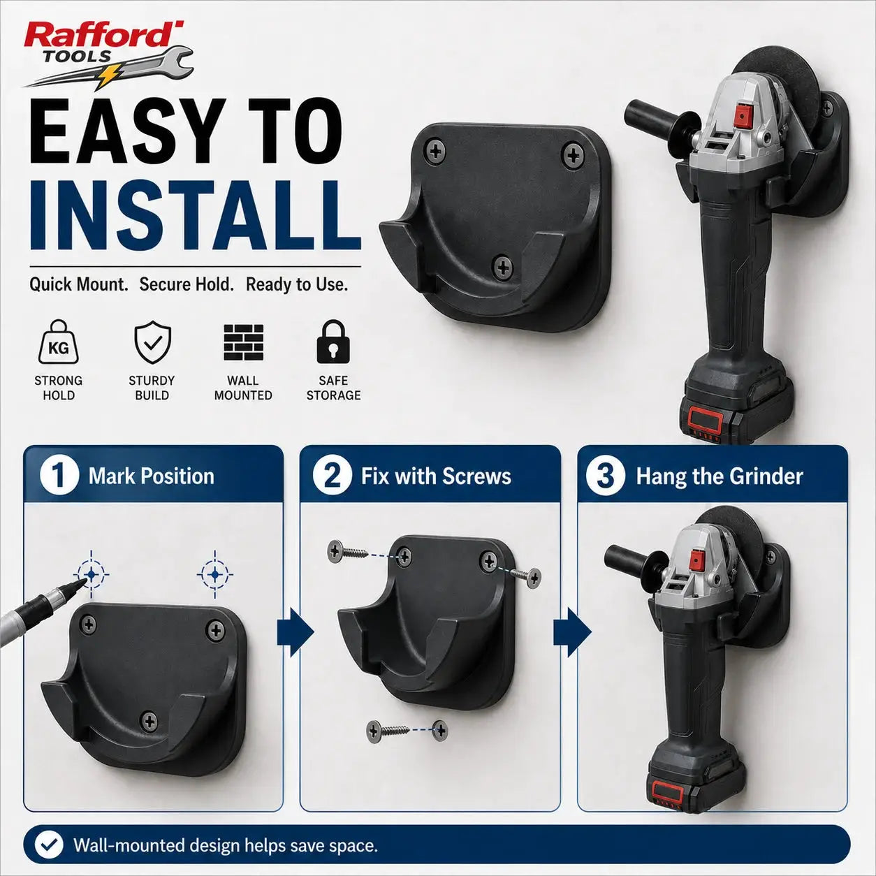 Rafford Tools angle grinder wall mount holder, heavy-duty wall-mounted grinder stand in black