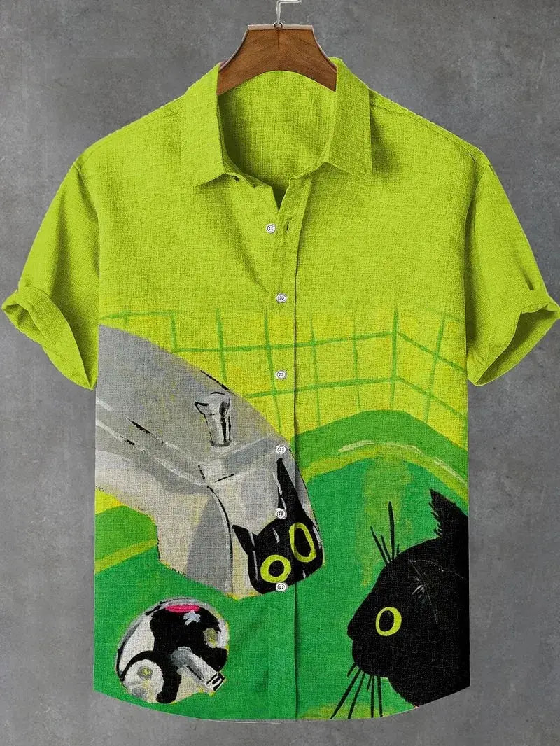 Men's lime green cat-graphic short-sleeve Hawaiian-style button-down shirt for summer