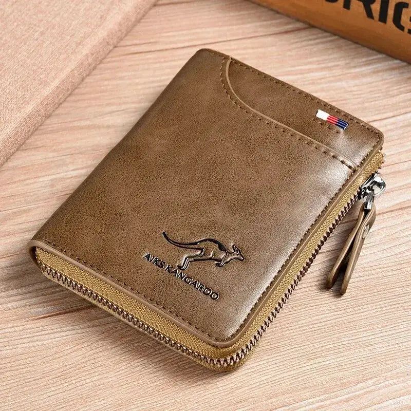 Men's brown leather zipper wallet with Kangaroo logo by Simples Market