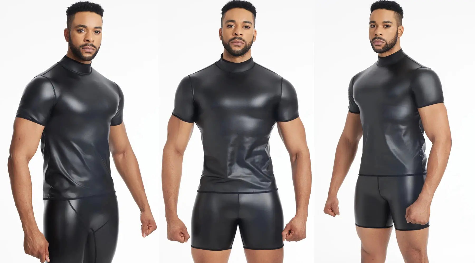 Men's black faux-leather T-shirt and matching shorts set with stand collar