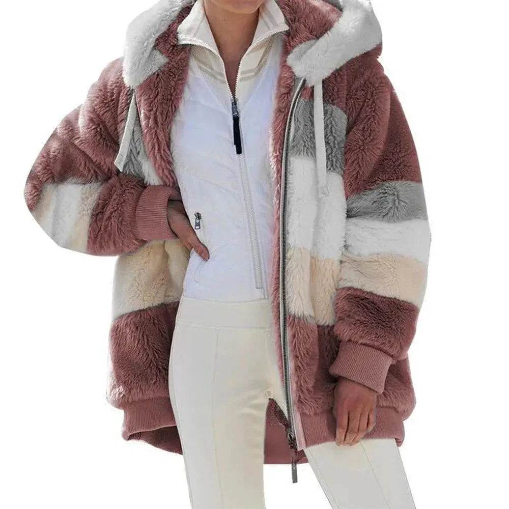 LuxeNest Oversized Hooded Plush Jacket For Women Cozy Warm Autumn Winter Coat With Zipper And Pockets