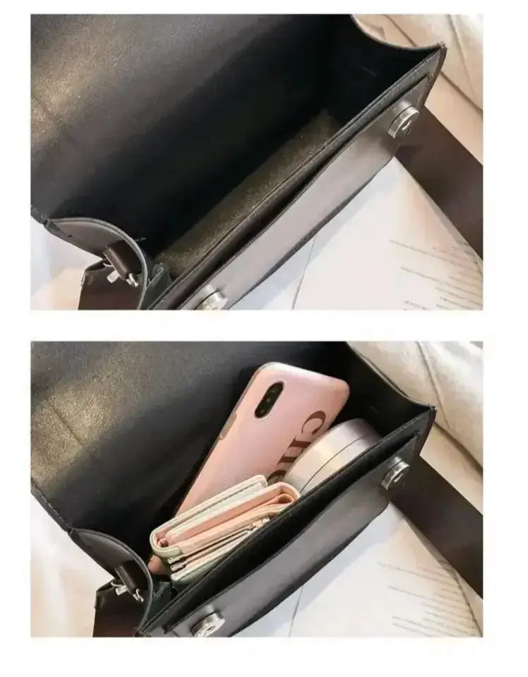 Women PU leather crossbody bag by Simples Market, black small flap handbag with silver hardware; fits phone and wallet.