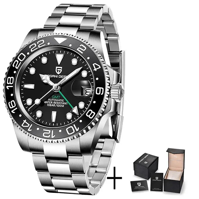Pagani Design luxury men's GMT automatic watch with stainless steel bracelet, black dial, sapphire glass