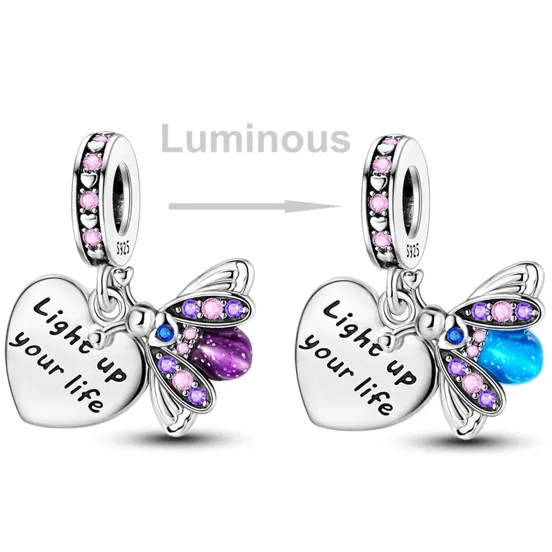 925 Sterling Silver Charms Bead Pink Butterfly Luminous Firefly Dangle Fit Bangle Bracelet Necklace DIY Jewelry