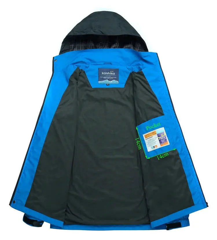 TRVLWEGO men's blue waterproof windbreaker jacket with black interior and hood