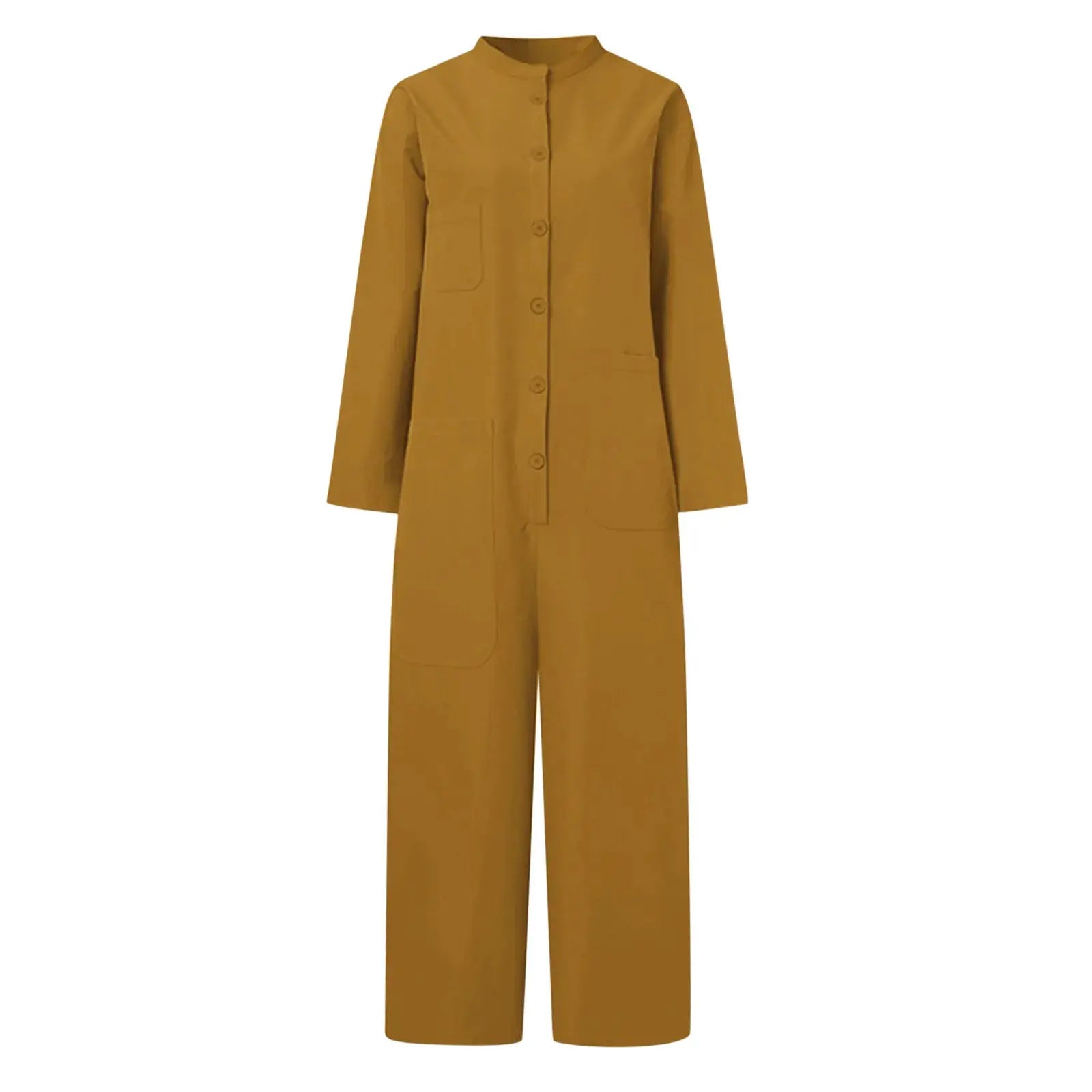 Jumpsuit for women in mustard yellow with long sleeves, front button closure and patch pockets.