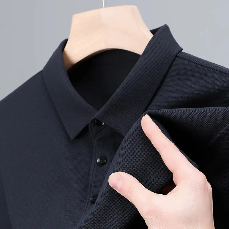 Simples Market navy men's polo shirt with classic collar, button placket, textured knit fabric