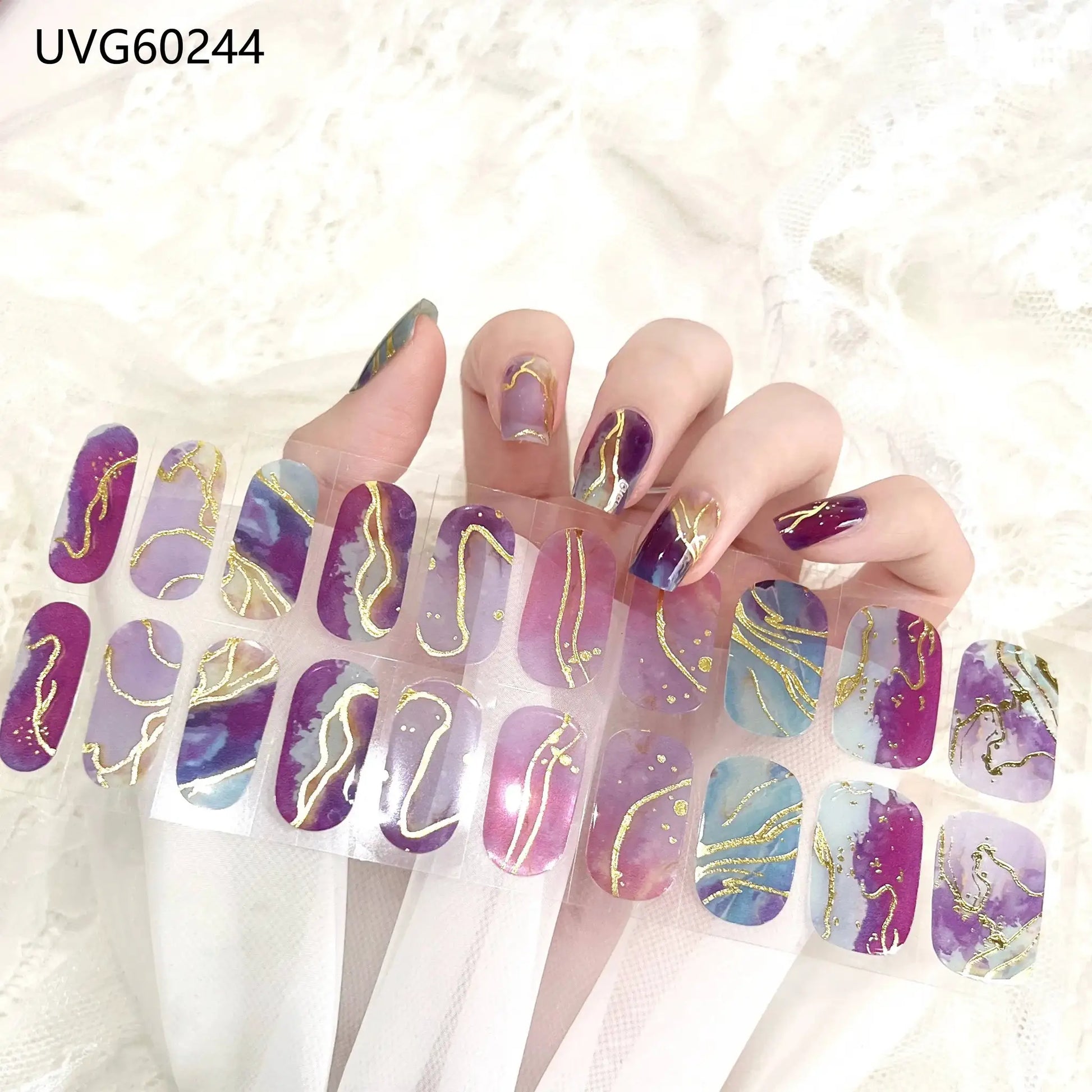 Nail wrap sheets set 16/20/22-tip full-cover gel wraps in purple, lavender and blue with gold swirls