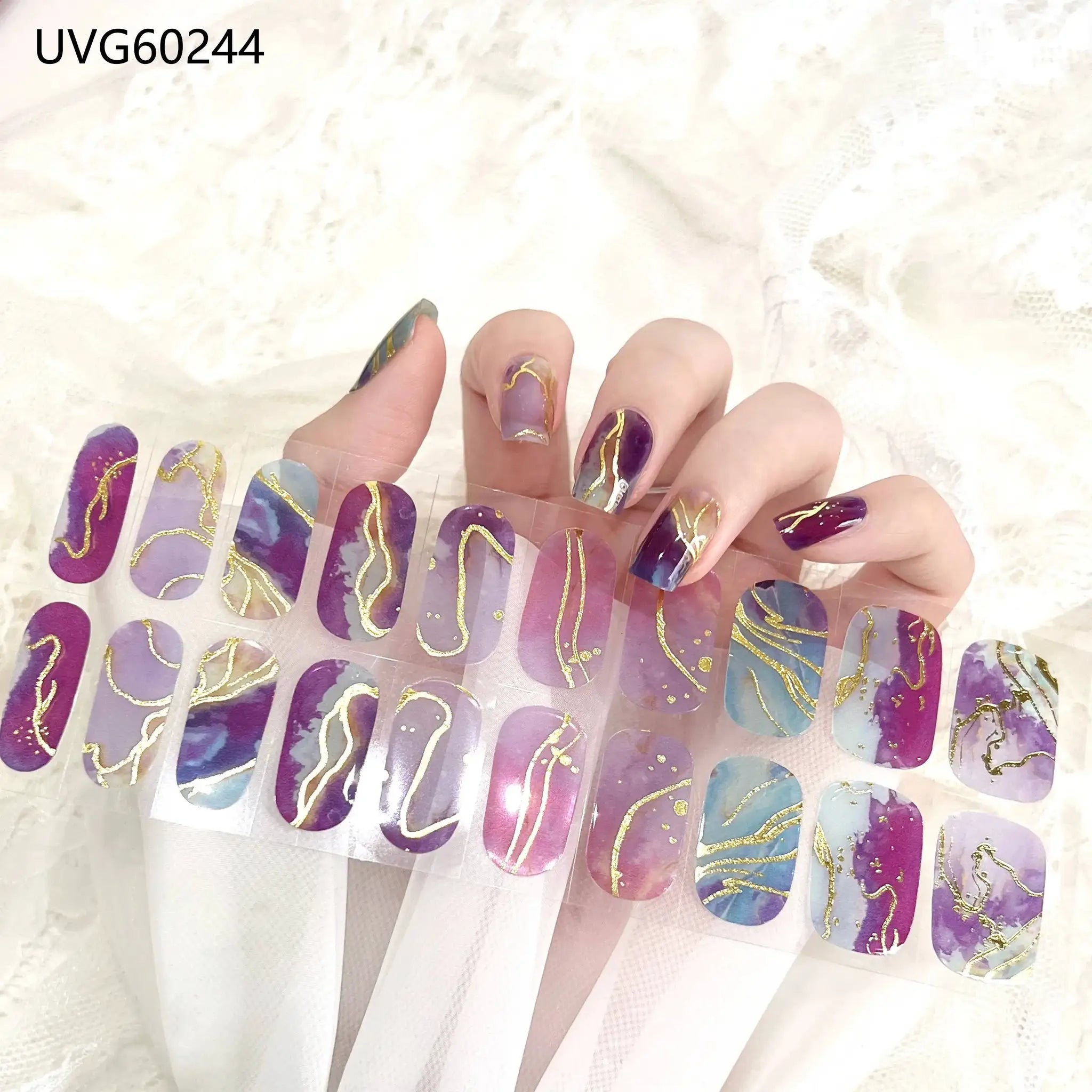 Nail wrap sheets set 16/20/22-tip full-cover gel wraps in purple, lavender and blue with gold swirls